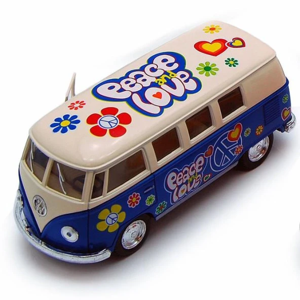 Kinsmart 1962 Volkswagen Classical Bus Peace Love 1:32 Mavi Çek Bırak Model Araba