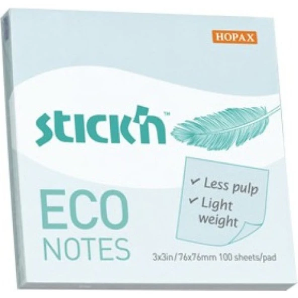 Stickn Eco Notes 76 mm X76 mm Yapışkanlı Not Kağıdı 100 syf. Pastel Mavi