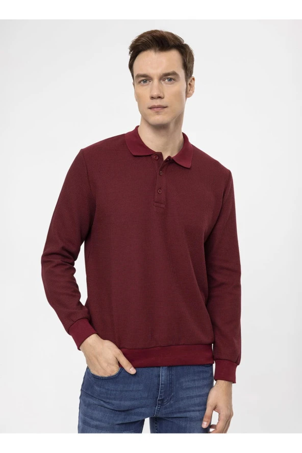 Süvari Polo Yaka Regular Fit Armürlü Koyu Bordo Erkek Kazak TR2013700314