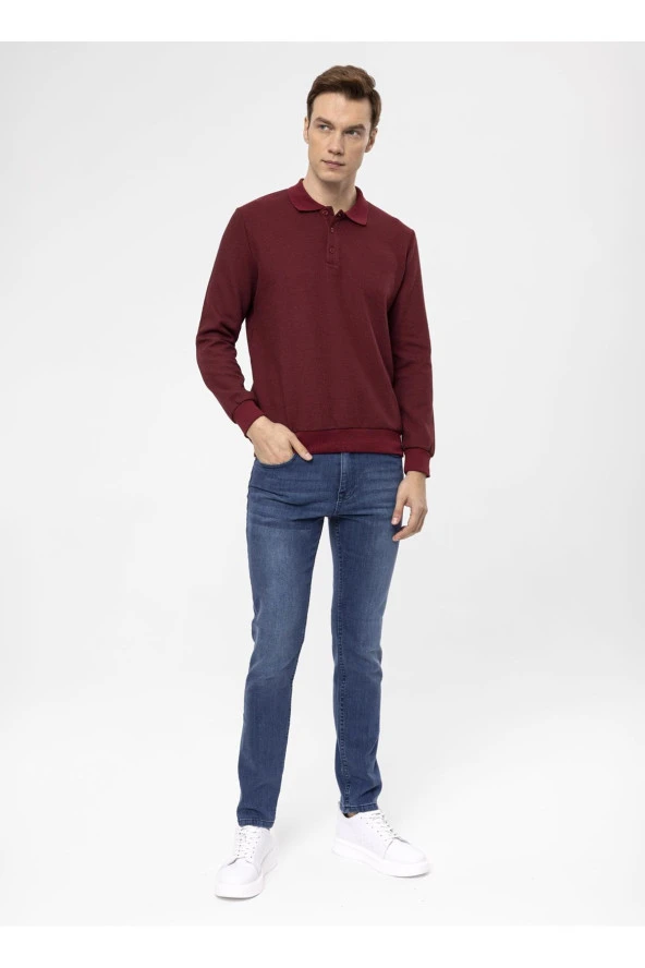 Süvari Polo Yaka Regular Fit Armürlü Koyu Bordo Erkek Kazak TR2013700314 - 2