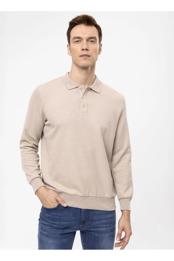 Süvari Polo Yaka Regular Fit Armürlü Bej Erkek Kazak TR2013700314