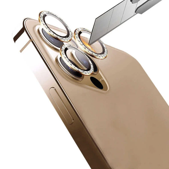 KNY Apple İphone 15 Pro Max İçin Tekli Taşlı Kamera Lens Koruyucu CL-06 Gold - 2