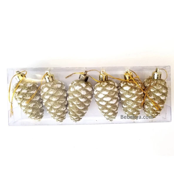 Yılbaşı Ağacı Süsü Lüks Dore Altın Simli Kozalak Yılbaşı Çamı Süsü 6'lı Kutulu - Yeni Yıl Süsleri