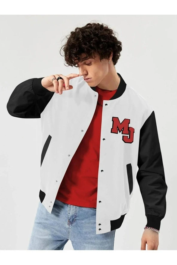Unisex Nakışlı Kolej Ceket - Beyaz