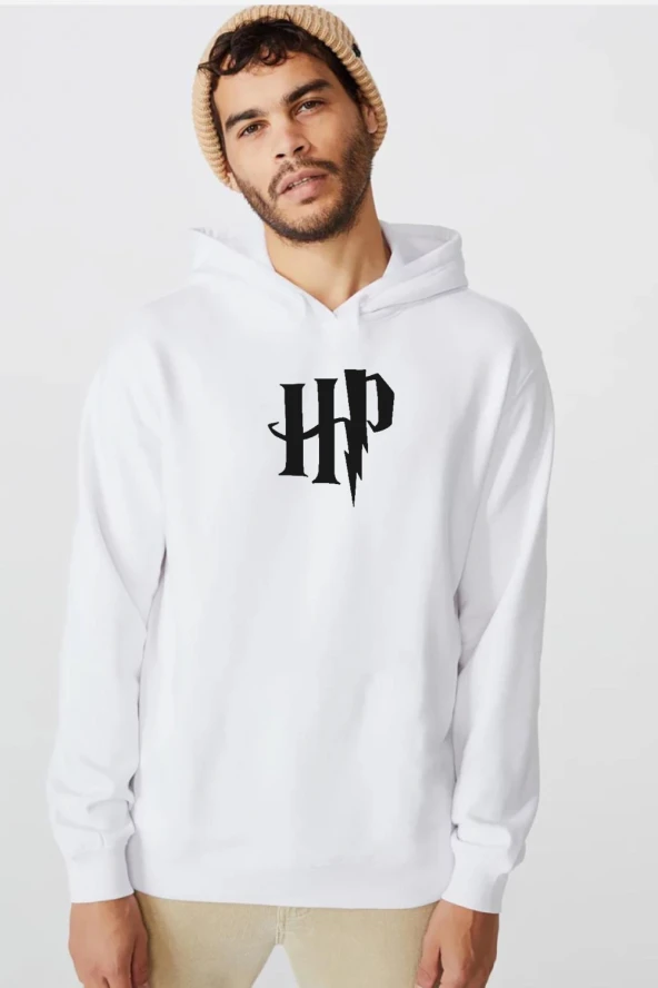 HP Logo Beyaz Erkek 3ip Kapşonlu  Sweatshirt