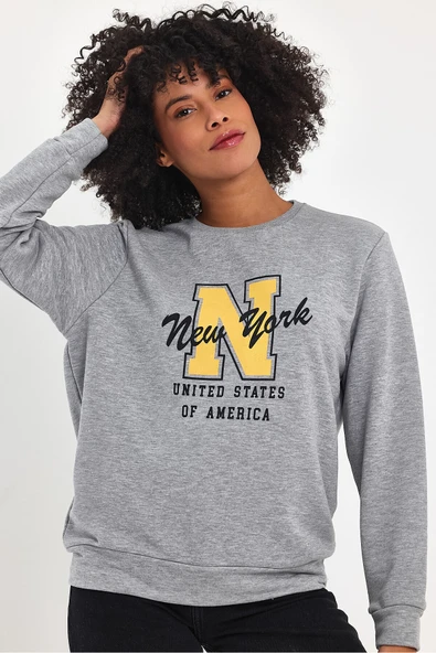 Kadın Bisiklet Yaka Rahat Kalıp İçi Polarlı 3 İplik Kalın N Baskılı Sweatshirt SPR24SWK25 - 11