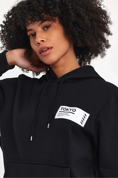 Kadın Kapşonlu Rahat Kalıp İçi Polarlı 3 iplik Tokyo Baskılı SweatShırt spr24swk05 - 8