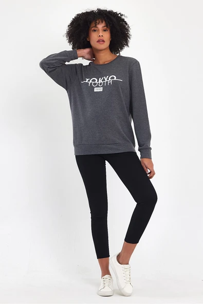 Kadın Bisiklet Yaka Rahat Kalıp 3 iplik Kalın Tokyo Baskılı Sweatshirt SPR24SWk30