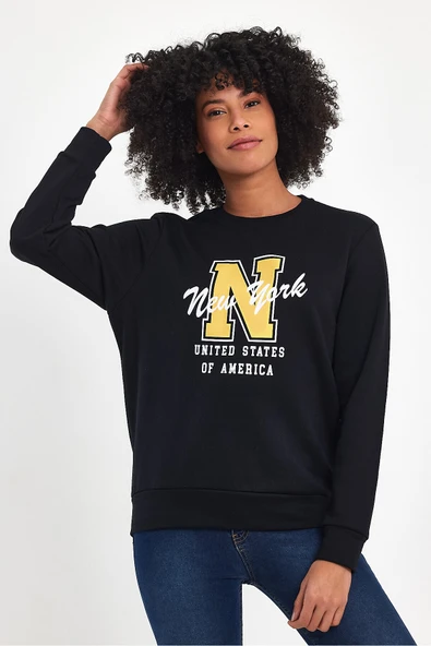 Süperlife Kadın Bisiklet Yaka Rahat Kalıp İçi Polarlı 3 İplik Kalın N Baskılı Sweatshirt SPR24SWK25 - 4