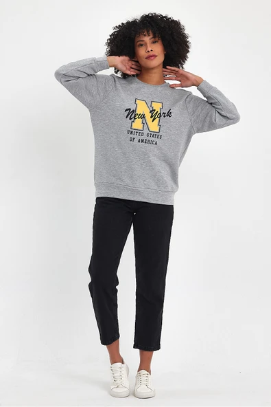 Kadın Bisiklet Yaka Rahat Kalıp İçi Polarlı 3 İplik Kalın N Baskılı Sweatshirt SPR24SWK25 - 7