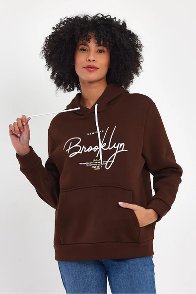Kadın Kapşonlu Rahat Kalıp İçi Polarlı 3 iplik El Yazılı Brooklyn Baskılı SweatShırt spr24swk16 - 2