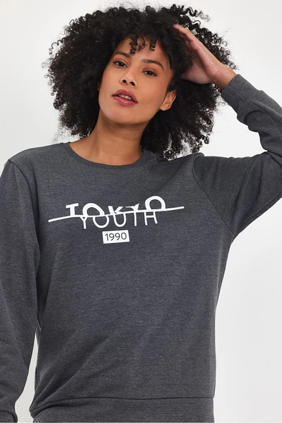 Kadın Bisiklet Yaka Rahat Kalıp 3 iplik Kalın Tokyo Baskılı Sweatshirt SPR24SWk30 - 6