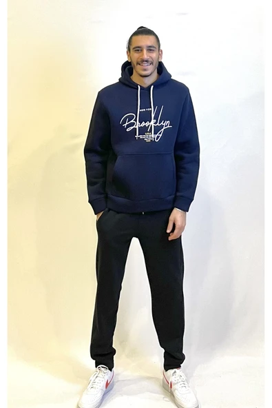 Erkek Kapşonlu Rahat Kalıp İçi Polarlı 3 iplik El Yazılı Brooklyn Baskılı SweatShırt spr24sw16 - 10