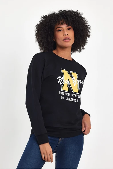 Süperlife Kadın Bisiklet Yaka Rahat Kalıp İçi Polarlı 3 İplik Kalın N Baskılı Sweatshirt SPR24SWK25 - 5