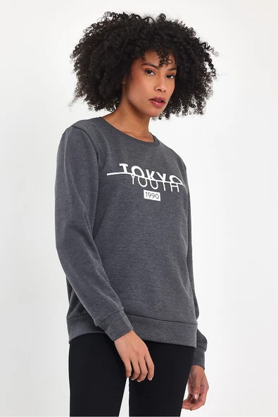 Kadın Bisiklet Yaka Rahat Kalıp 3 iplik Kalın Tokyo Baskılı Sweatshirt SPR24SWk30 - 2