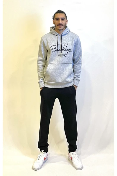Erkek Kapşonlu Rahat Kalıp İçi Polarlı 3 iplik El Yazılı Brooklyn Baskılı SweatShırt spr24sw16 - Resim 6