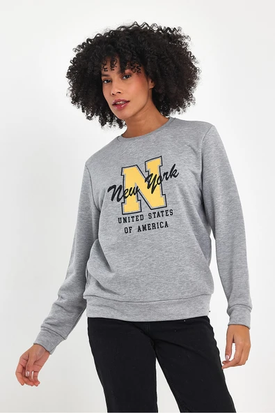 Kadın Bisiklet Yaka Rahat Kalıp İçi Polarlı 3 İplik Kalın N Baskılı Sweatshirt SPR24SWK25 - 8