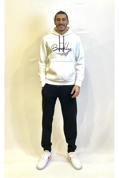 Erkek Kapşonlu Rahat Kalıp İçi Polarlı 3 iplik El Yazılı Brooklyn Baskılı SweatShırt spr24sw16 - Resim 4