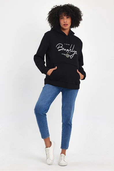 Kadın Kapşonlu Rahat Kalıp İçi Polarlı 3 iplik El Yazılı Brooklyn Baskılı SweatShırt spr24swk16 - 11