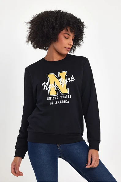 Kadın Bisiklet Yaka Rahat Kalıp İçi Polarlı 3 İplik Kalın N Baskılı Sweatshirt SPR24SWK25 - 3