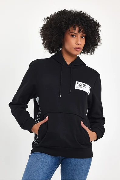 Kadın Kapşonlu Rahat Kalıp İçi Polarlı 3 iplik Tokyo Baskılı SweatShırt spr24swk05 - 3