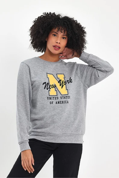 Kadın Bisiklet Yaka Rahat Kalıp İçi Polarlı 3 İplik Kalın N Baskılı Sweatshirt SPR24SWK25 - 9