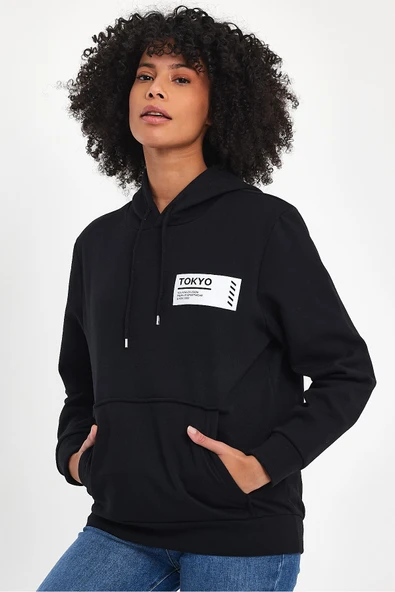 Kadın Kapşonlu Rahat Kalıp İçi Polarlı 3 iplik Tokyo Baskılı SweatShırt spr24swk05 - 2