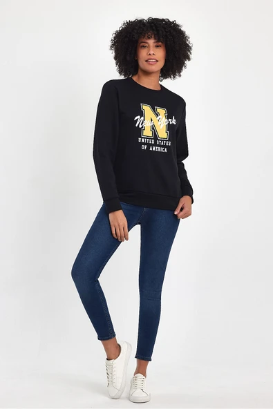 Kadın Bisiklet Yaka Rahat Kalıp İçi Polarlı 3 İplik Kalın N Baskılı Sweatshirt SPR24SWK25 - 2