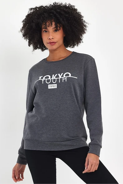 Kadın Bisiklet Yaka Rahat Kalıp 3 iplik Kalın Tokyo Baskılı Sweatshirt SPR24SWk30 - 5