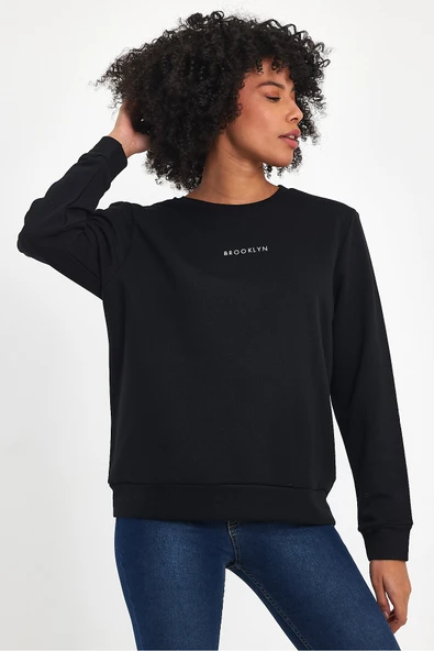 Kadın Bisiklet Yaka Rahat Kalıp 3 iplik Kalın Orta Brooklyn Nakışlı Sweatshirt SPR24SWk34 - 8