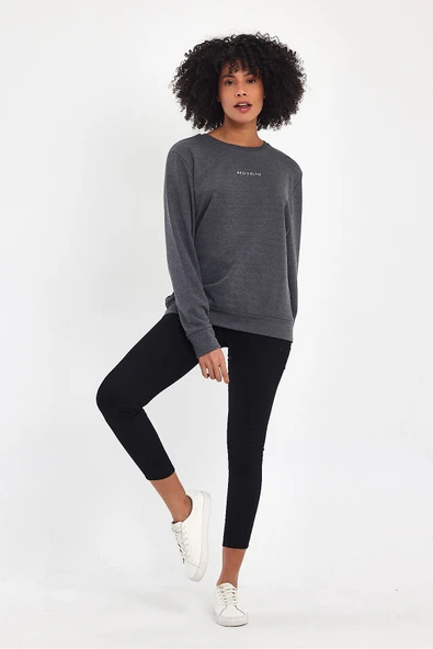 Kadın Bisiklet Yaka Rahat Kalıp 3 iplik Kalın Orta Brooklyn Nakışlı Sweatshirt SPR24SWk34 - 9