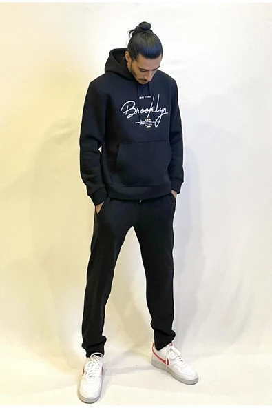 Erkek Kapşonlu Rahat Kalıp İçi Polarlı 3 iplik El Yazılı Brooklyn Baskılı SweatShırt spr24sw16 - Resim 2