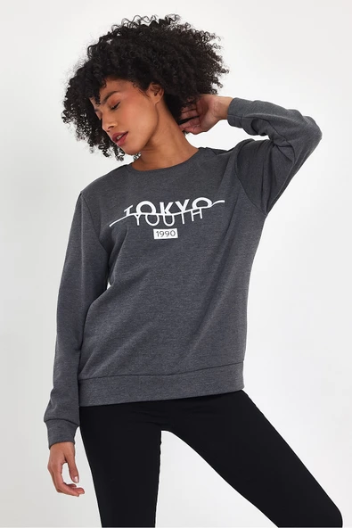 Kadın Bisiklet Yaka Rahat Kalıp 3 iplik Kalın Tokyo Baskılı Sweatshirt SPR24SWk30 - 4