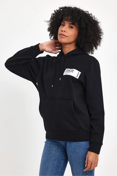 Kadın Kapşonlu Rahat Kalıp İçi Polarlı 3 iplik Tokyo Baskılı SweatShırt spr24swk05 - 6