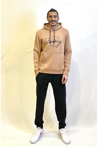 Erkek Kapşonlu Rahat Kalıp İçi Polarlı 3 iplik El Yazılı Brooklyn Baskılı SweatShırt spr24sw16 - 8