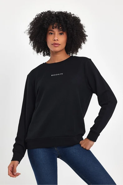 Kadın Bisiklet Yaka Rahat Kalıp 3 iplik Kalın Orta Brooklyn Nakışlı Sweatshirt SPR24SWk34 - 7