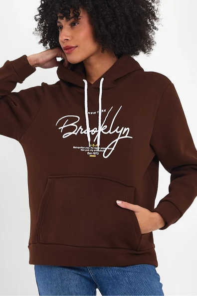Kadın Kapşonlu Rahat Kalıp İçi Polarlı 3 iplik El Yazılı Brooklyn Baskılı SweatShırt spr24swk16 - 6