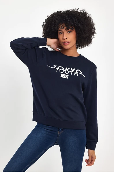 Kadın Bisiklet Yaka Rahat Kalıp 3 iplik Kalın Tokyo Baskılı Sweatshirt SPR24SWk30 - 10