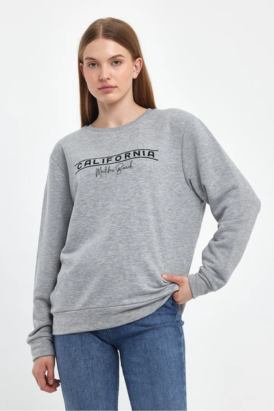 Kadın Bisiklet Yaka Rahat Kalıp 3 iplik Kalın Californıa Baskılı Sweatshirt SPR24SWK32 - 8