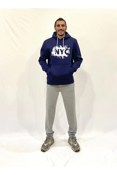 Erkek Kapşonlu Rahat Kalıp İçi Polarlı 3 iplik NYC Baskılı SweatShırt spr24sw09 - 5