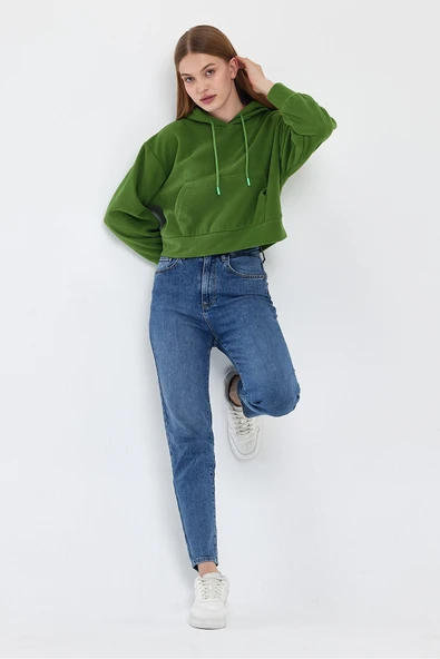 Kadın Rahat Kalıp Softech Polar Kapşonlu Kanguru Cepli Sweatshırt spr24pwk98 - Resim 8