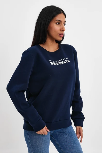Kadın Bisiklet Yaka Rahat Kalıp 3 iplik Kalın Brooklyn Baskılı Sweatshirt SPR24swk29 - Resim 3