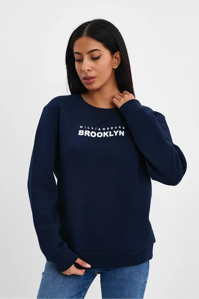 Kadın Bisiklet Yaka Rahat Kalıp 3 iplik Kalın Brooklyn Baskılı Sweatshirt SPR24swk29 - Resim 7