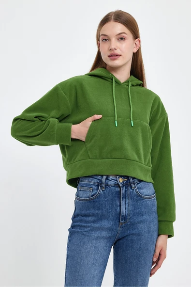 Kadın Rahat Kalıp Softech Polar Kapşonlu Kanguru Cepli Sweatshırt spr24pwk98 - Resim 7