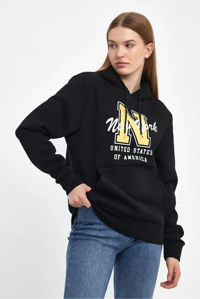 Kadın Kapşonlu Rahat Kalıp İçi Polarlı 3 iplik N Baskılı SweatShırt spr24swK06 - 6