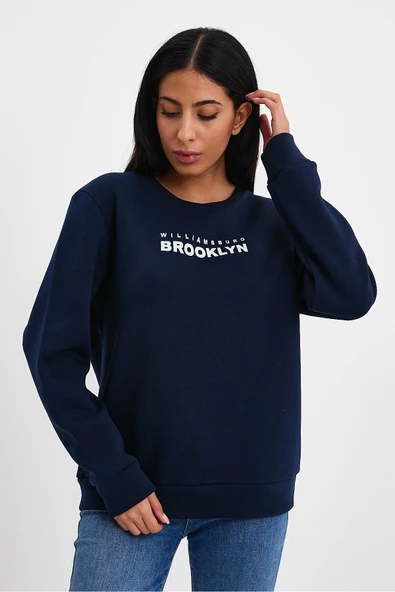 Kadın Bisiklet Yaka Rahat Kalıp 3 iplik Kalın Brooklyn Baskılı Sweatshirt SPR24swk29 - Resim 5