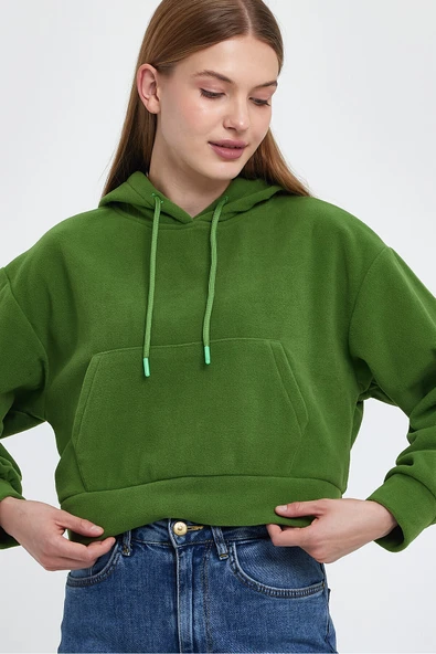 Kadın Rahat Kalıp Softech Polar Kapşonlu Kanguru Cepli Sweatshırt spr24pwk98 - Resim 9