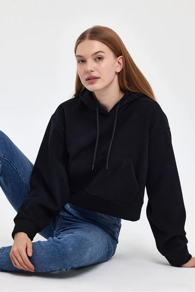 Kadın Rahat Kalıp Softech Polar Kapşonlu Kanguru Cepli Sweatshırt spr24pwk98 - Resim 2