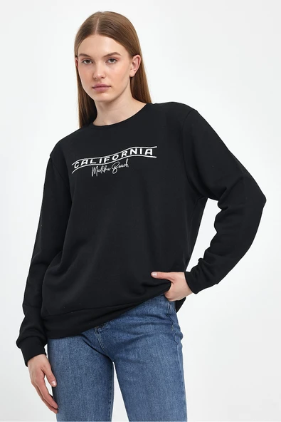 Kadın Bisiklet Yaka Rahat Kalıp 3 iplik Kalın Californıa Baskılı Sweatshirt SPR24SWK32 - 5