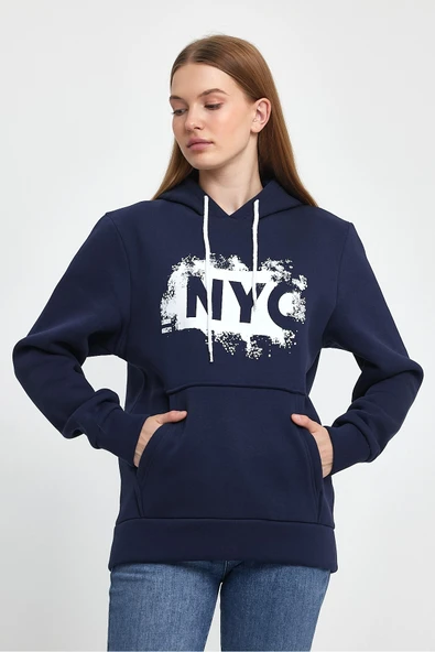 Kadın Kapşonlu Rahat Kalıp İçi Polarlı 3 iplik NYC Baskılı SweatShırt spr24swK09 - 8